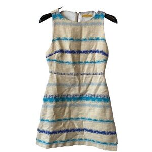 Alice and Olivia Eli Ivory Blue Stripe Tweed Mini Dress 6 Cut-Out Back $298